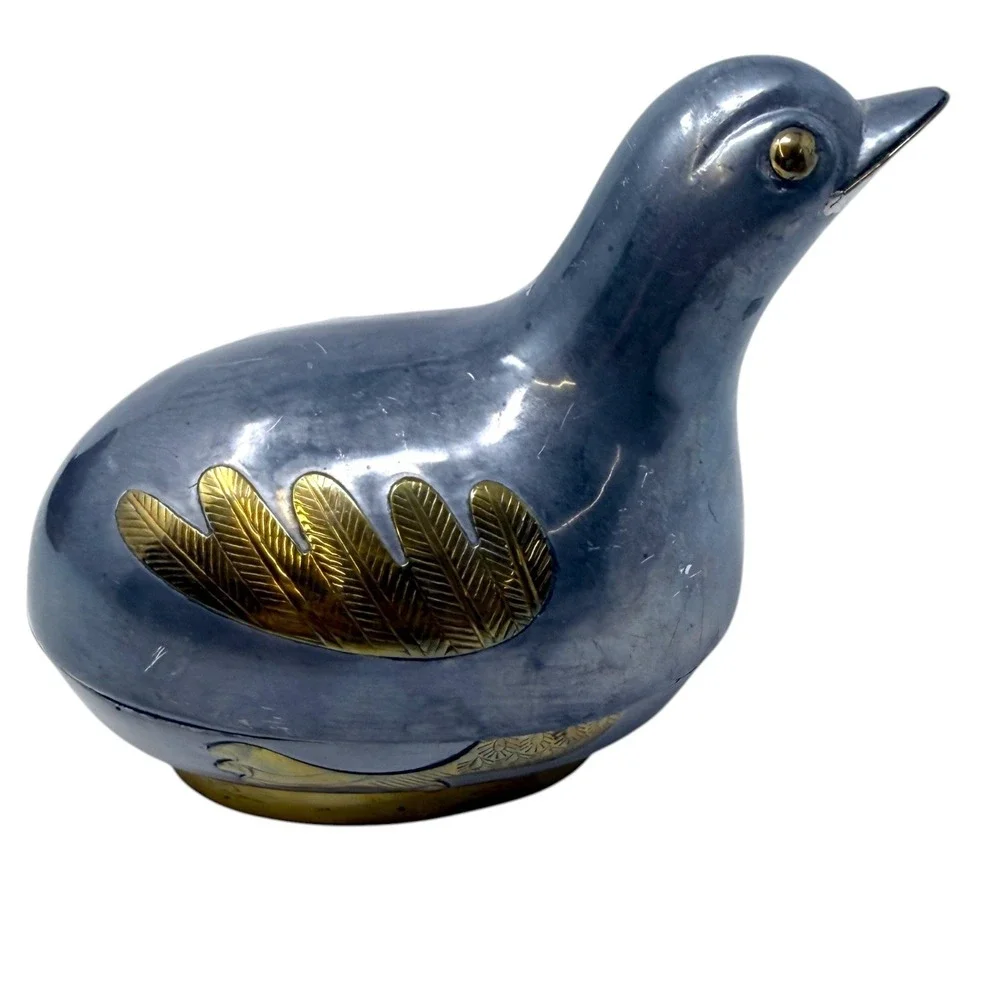 Metal Bird Figurine Pewter Jewlery Box Brass Hong Kong Quail Decor 70s